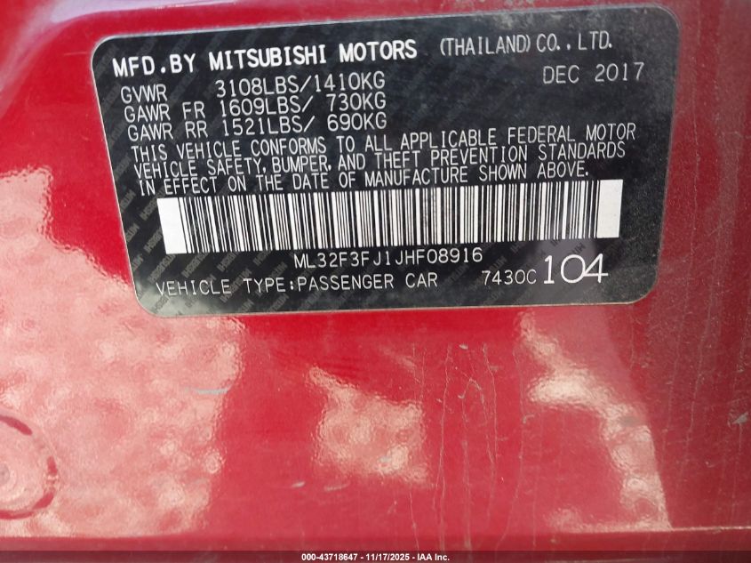 2018 Mitsubishi Mirage G4 Es VIN: ML32F3FJ1JHF08916 Lot: 43718647