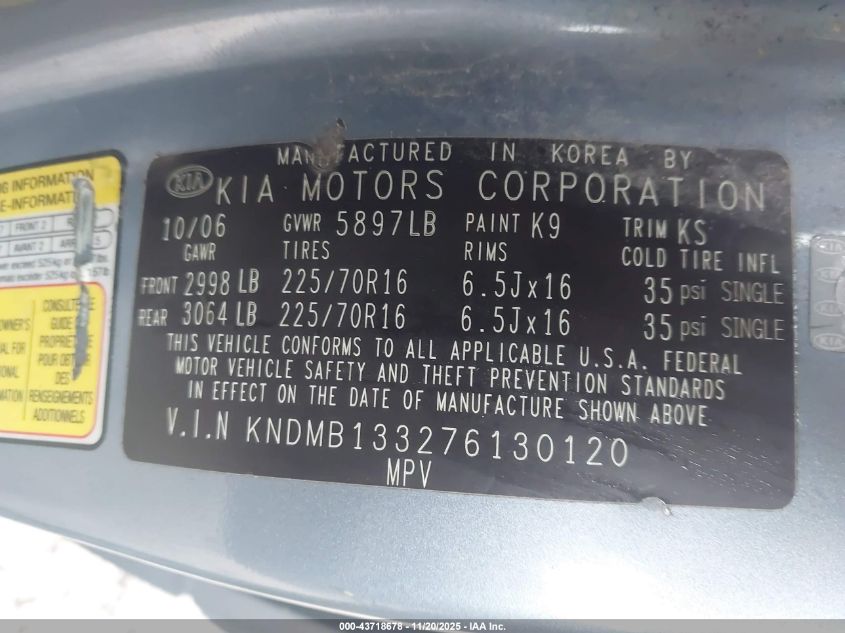 2007 Kia Sedona VIN: KNDMB133276130120 Lot: 43718678