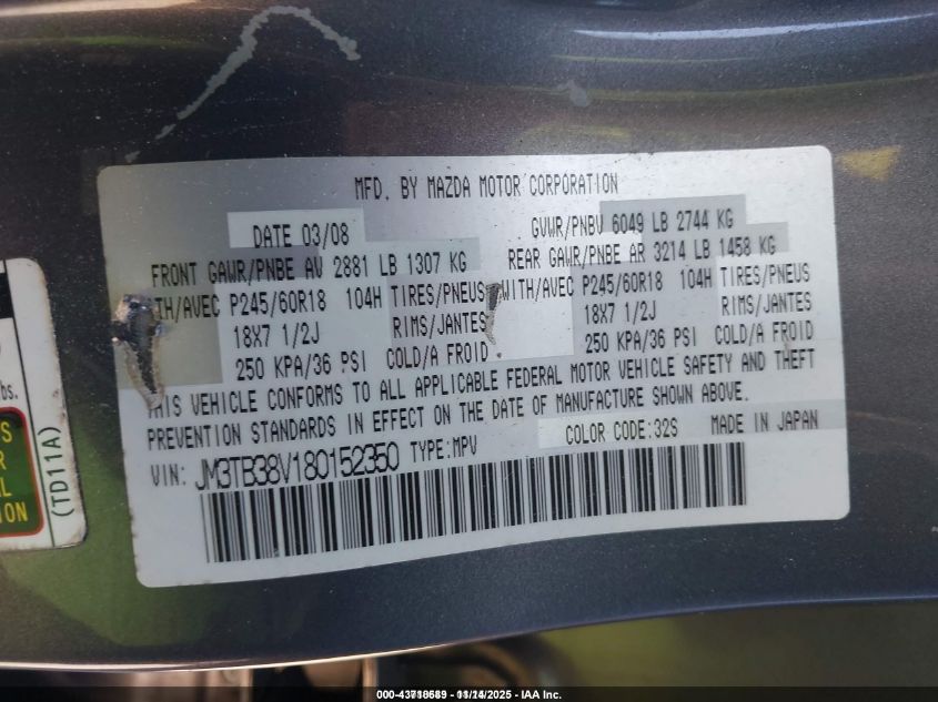 2008 Mazda Cx-9 Touring VIN: JM3TB38V180152350 Lot: 43718689
