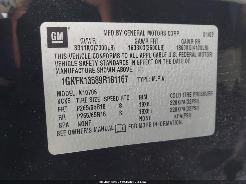 2009 GMC Yukon Hybrid VIN: 1GKFK13589R181167 Lot: 43718692