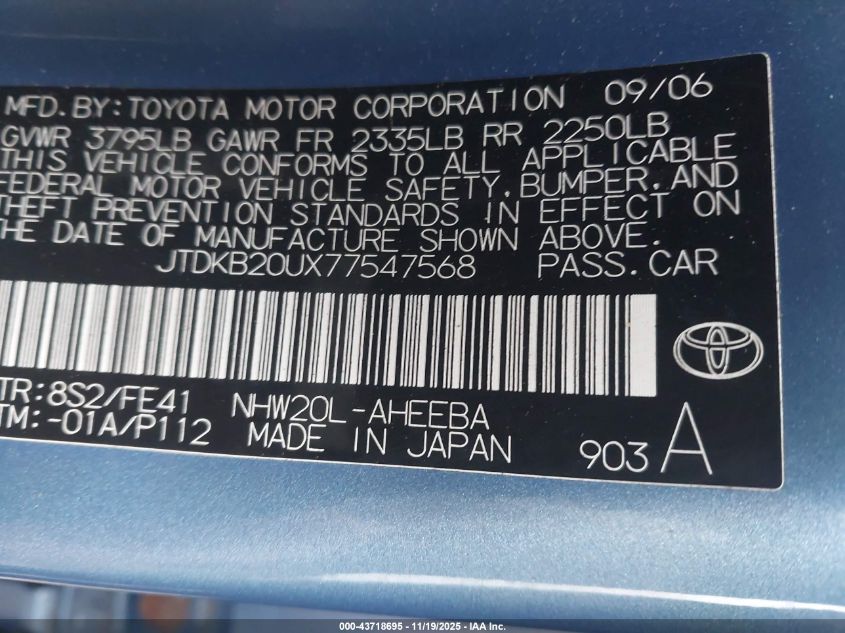 2007 Toyota Prius VIN: JTDKB20UX77547568 Lot: 43718695