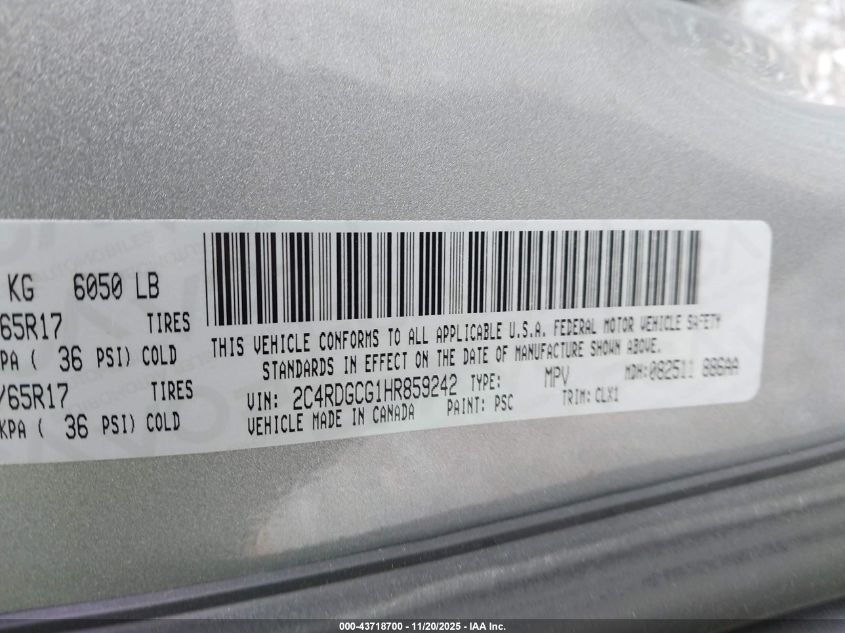 2017 Dodge Grand Caravan Sxt VIN: 2C4RDGCG1HR859242 Lot: 43718700