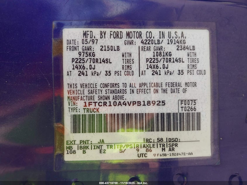1997 Ford Ranger Splash/Xl/Xlt VIN: 1FTCR10A4VPB18925 Lot: 43718708