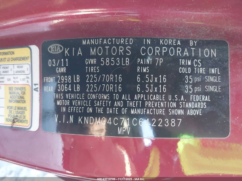 2012 Kia Sedona Lx VIN: KNDMG4C71C6422387 Lot: 43718709
