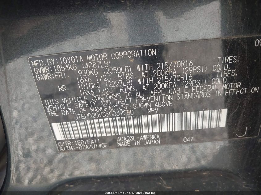 2005 Toyota Rav4 VIN: JTEHD20V350039280 Lot: 43718711