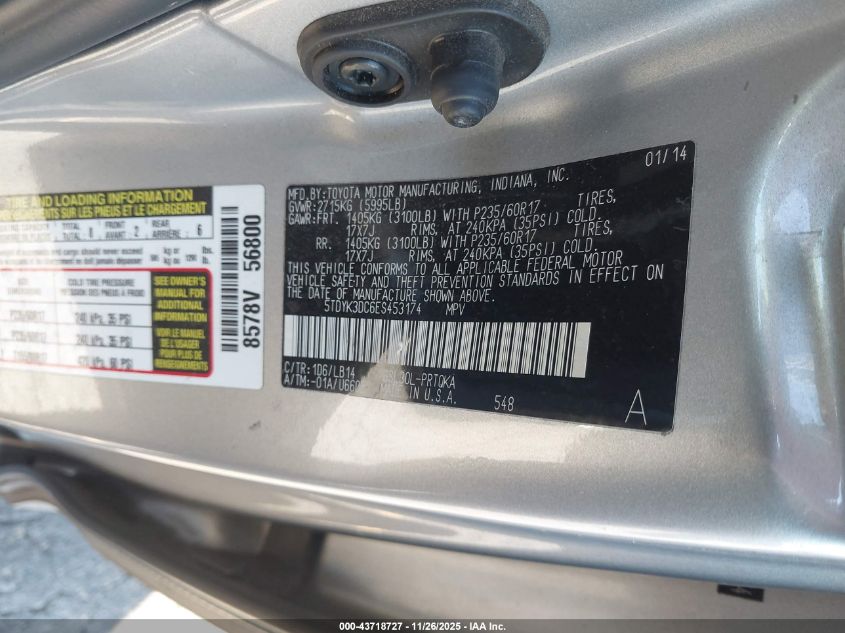 2014 Toyota Sienna Xle V6 8 Passenger VIN: 5TDYK3DC6ES453174 Lot: 43718727