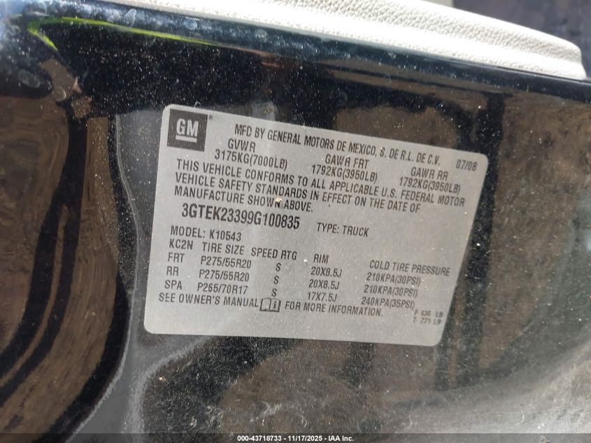 2009 GMC Sierra 1500 Sle VIN: 3GTEK23399G100835 Lot: 43718733