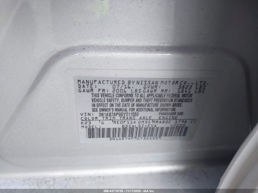 2016 Nissan Sentra Sv VIN: 3N1AB7AP9GY311559 Lot: 43718735