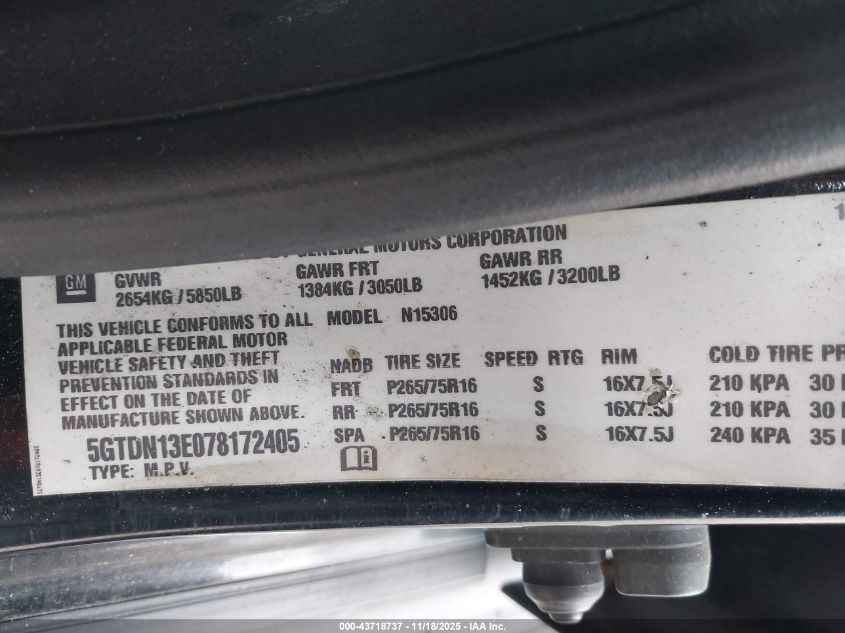 2007 Hummer H3 Suv VIN: 5GTDN13E078172405 Lot: 43718737