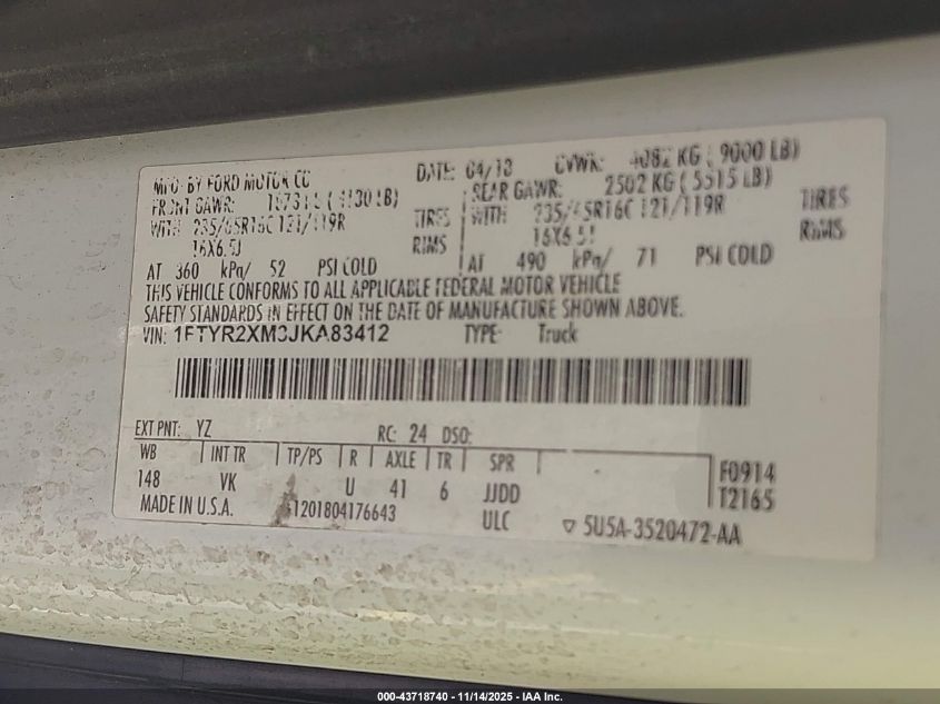 2018 Ford Transit-250 VIN: 1FTYR2XM3JKA83412 Lot: 43718740