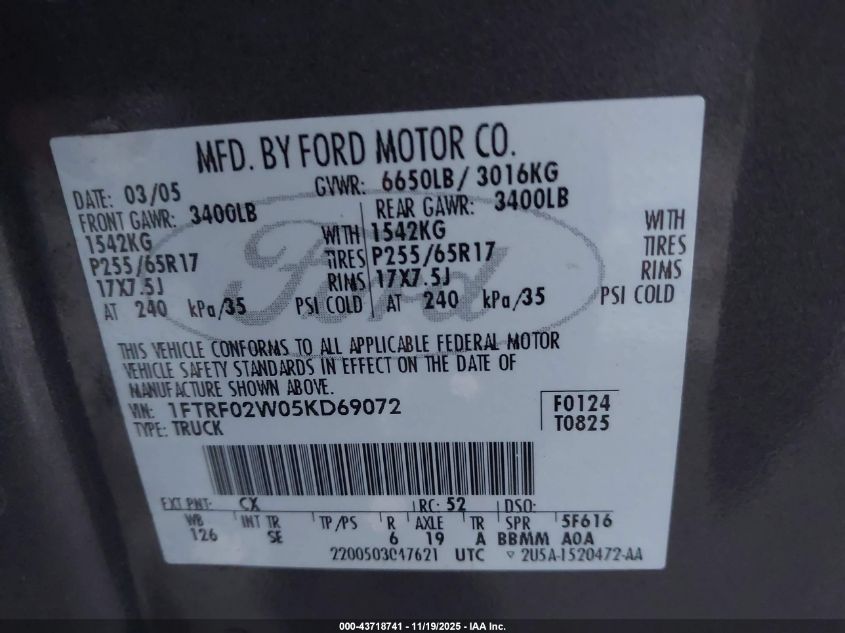 2005 Ford F-150 Stx/Xlt VIN: 1FTRF02W05KD69072 Lot: 43718741