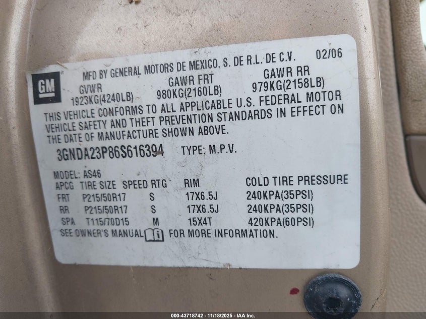 2006 Chevrolet Hhr Lt VIN: 3GNDA23P86S616394 Lot: 43718742