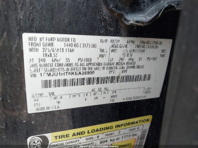 2019 Ford Expedition Xlt VIN: 1FMJU1HT6KEA26990 Lot: 43718759