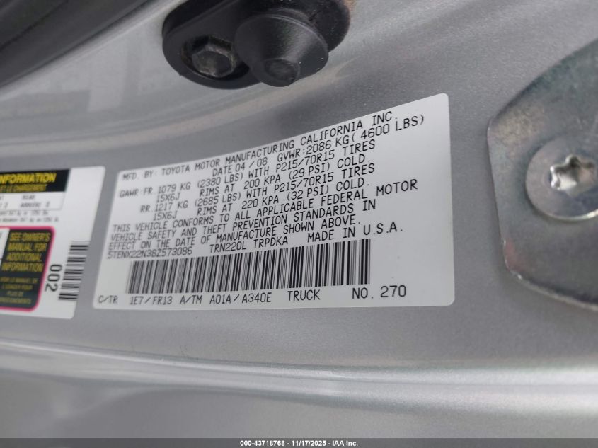 2008 Toyota Tacoma VIN: 5TENX22N38Z573086 Lot: 43718768