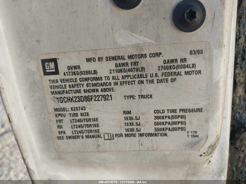 2006 Chevrolet Silverado 2500Hd Lt2 VIN: 1GCHK23D86F227921 Lot: 43718779