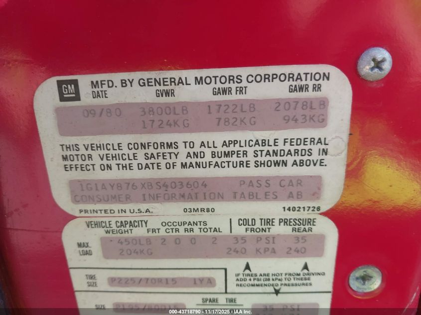 1981 Chevrolet Corvette VIN: 1G1AY876XBS403604 Lot: 43718790