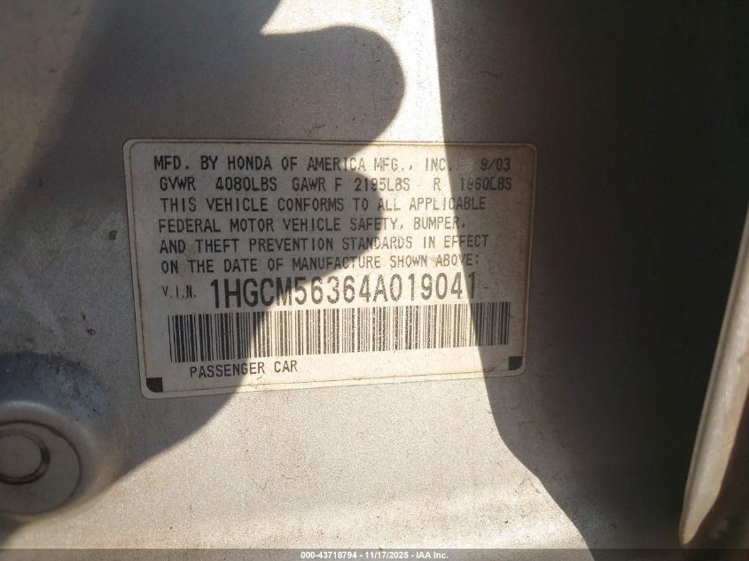 2004 Honda Accord 2.4 Lx VIN: 1HGCM56364A019041 Lot: 43718794