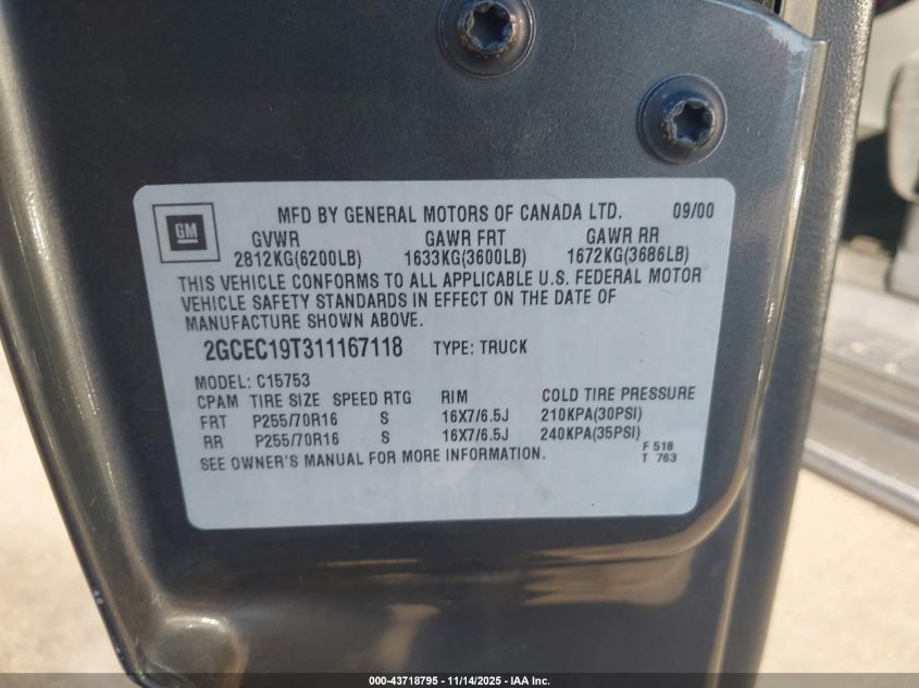 2001 Chevrolet Silverado 1500 Ls VIN: 2GCEC19T311167118 Lot: 43718795