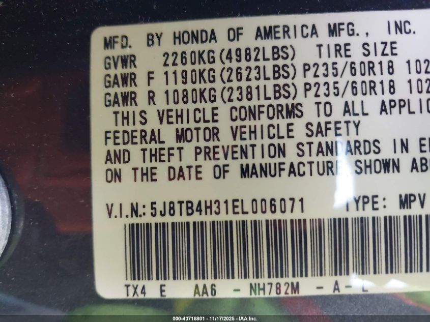 2014 Acura Rdx VIN: 5J8TB4H31EL006071 Lot: 43718801