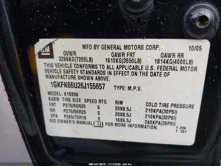 2006 GMC Yukon Xl 1500 Denali VIN: 1GKFK66U26J155657 Lot: 43718815