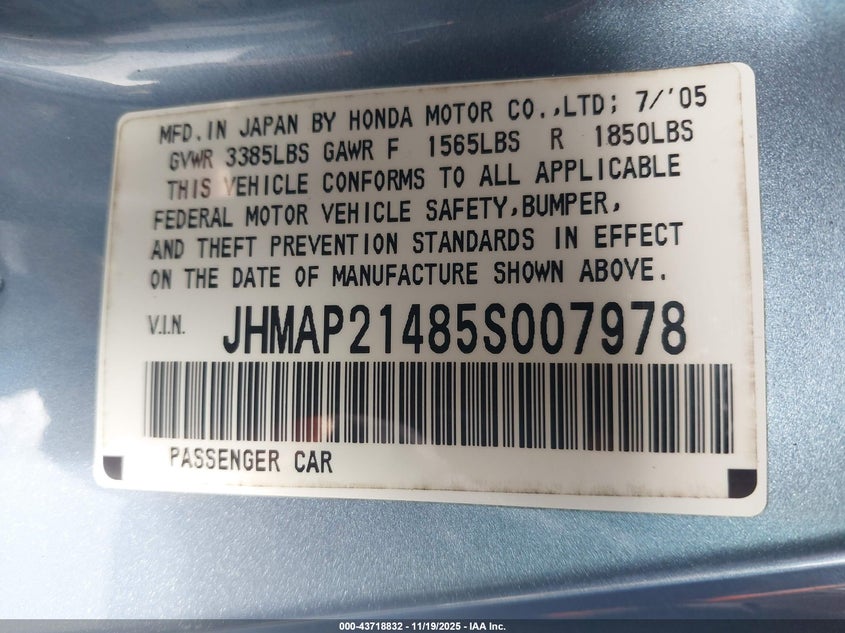 2005 Honda S2000 VIN: JHMAP21485S007978 Lot: 43718832