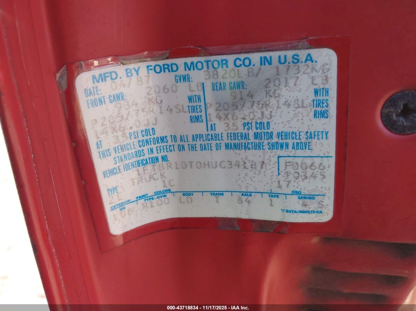 1987 Ford Ranger VIN: 1FTBR10T0HUC34187 Lot: 43718834