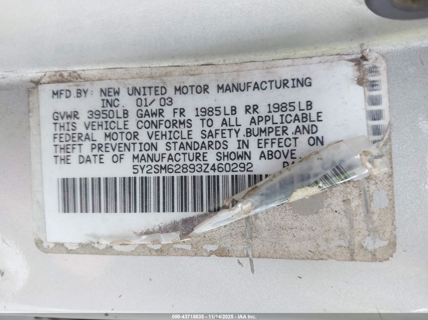 2003 Pontiac Vibe VIN: 5Y2SM62893Z460292 Lot: 43718835