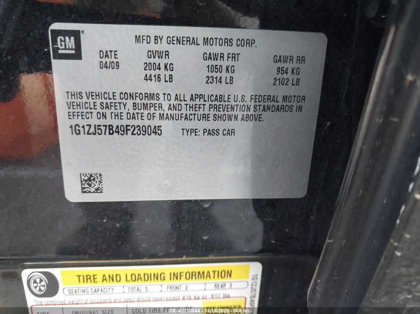 2009 Chevrolet Malibu Lt VIN: 1G1ZJ57B49F239045 Lot: 43718844