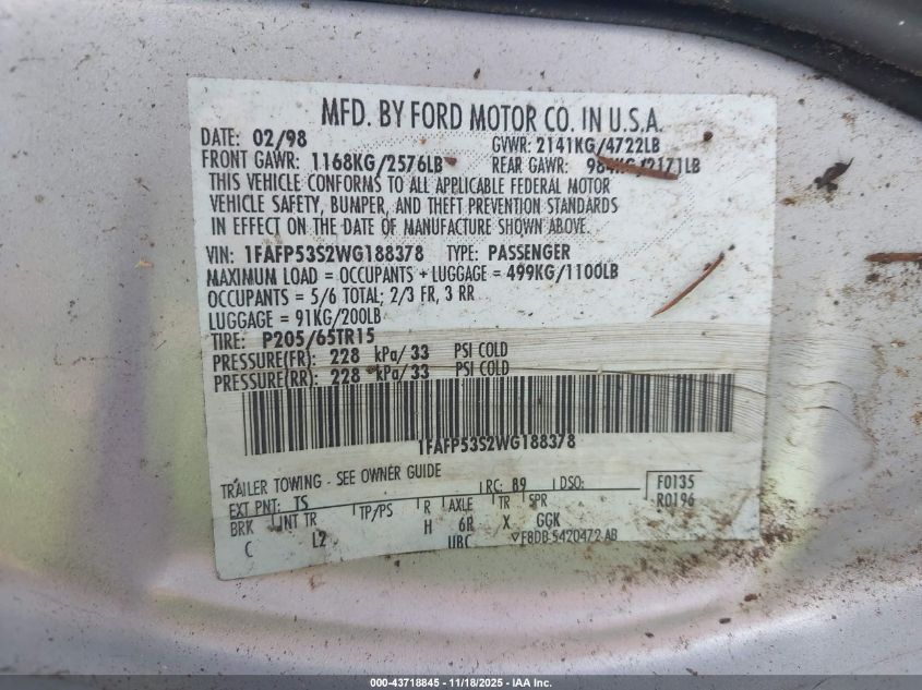 1998 Ford Taurus Se Comfort VIN: 1FAFP53S2WG188378 Lot: 43718845