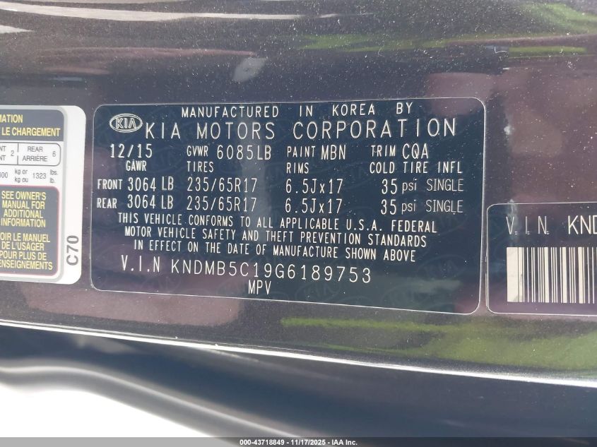 2016 Kia Sedona Lx VIN: KNDMB5C19G6189753 Lot: 43718849