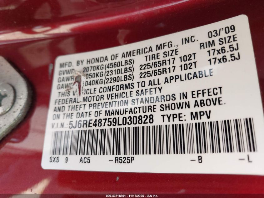 2009 Honda Cr-V Ex-L VIN: 5J6RE48759L030828 Lot: 43718861