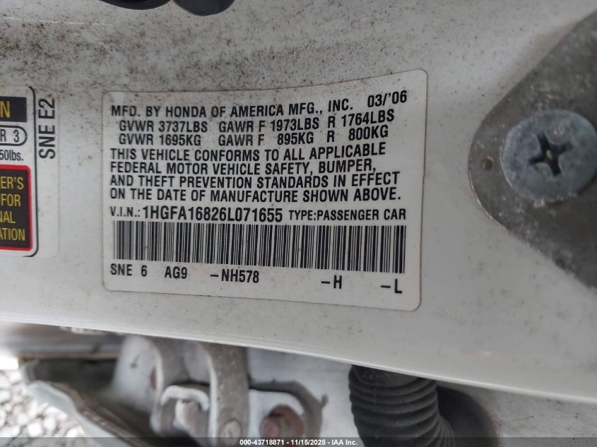 2006 Honda Civic Ex VIN: 1HGFA16826L071655 Lot: 43718871