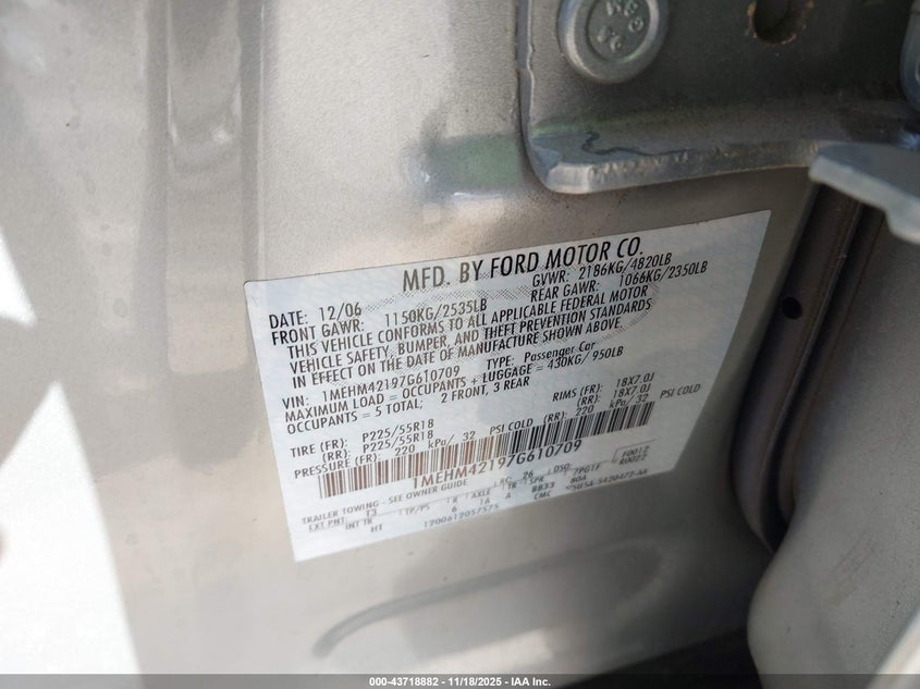 2007 Mercury Montego Premier VIN: 1MEHM42197G610709 Lot: 43718882