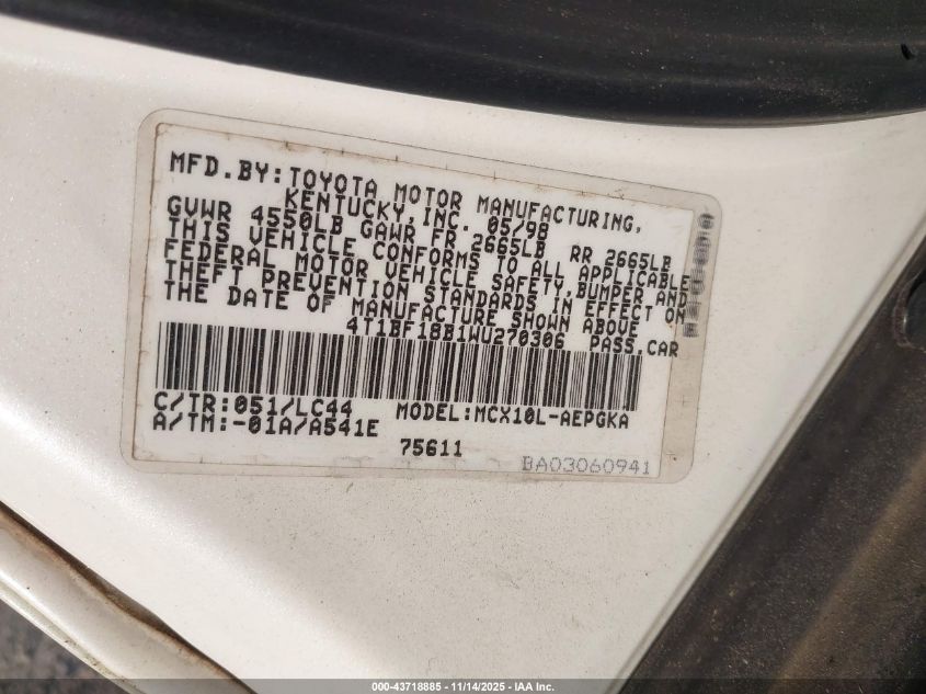 1998 Toyota Avalon Xls VIN: 4T1BF18B1WU270306 Lot: 43718885