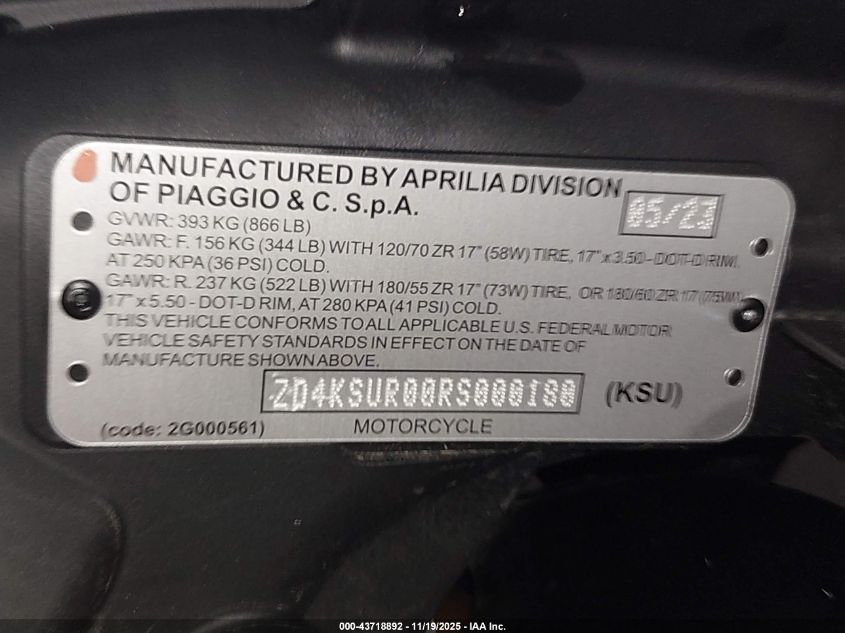 2024 Aprilia Rs 660 Extrema VIN: ZD4KSUR00RS000180 Lot: 43718892