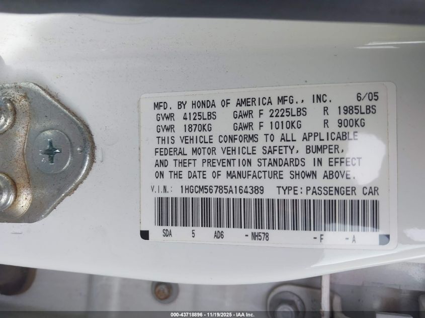 2005 Honda Accord 2.4 Ex VIN: 1HGCM56785A164389 Lot: 43718896