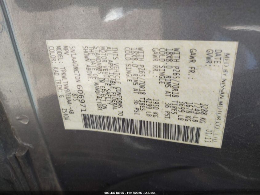 2013 Nissan Armada Sv/Sl/Platinum VIN: 5N1AA0NC7DN606971 Lot: 43718905