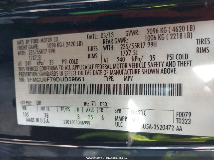 2013 Ford Escape S VIN: 1FMCU0F79DUD69861 Lot: 43718923