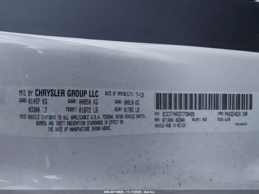 2013 Fiat 500 Pop VIN: 3C3CFFAR2DT739489 Lot: 43718928