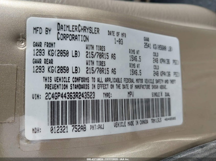 2003 Chrysler Town & Country Lx VIN: 2C4GP44363R243523 Lot: 43718924