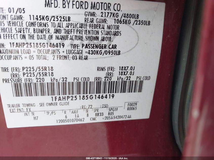 2005 Ford Five Hundred Limited VIN: 1FAHP25185G146419 Lot: 43718943