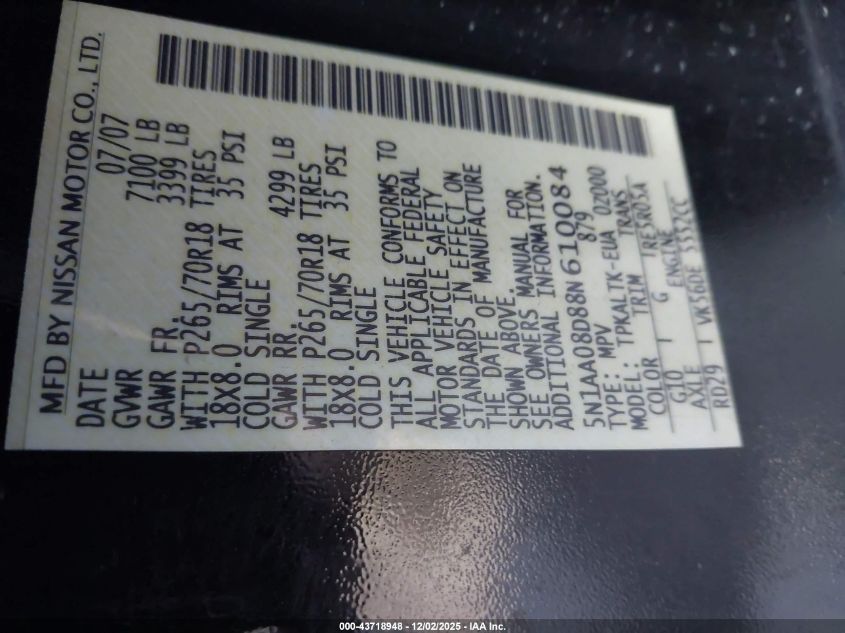 2008 Nissan Armada Se VIN: 5N1AA08D88N610084 Lot: 43718948