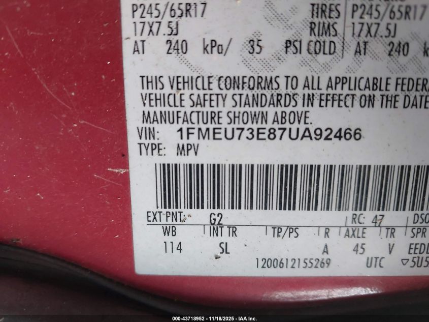 2007 Ford Explorer Xlt VIN: 1FMEU73E87UA92466 Lot: 43718952