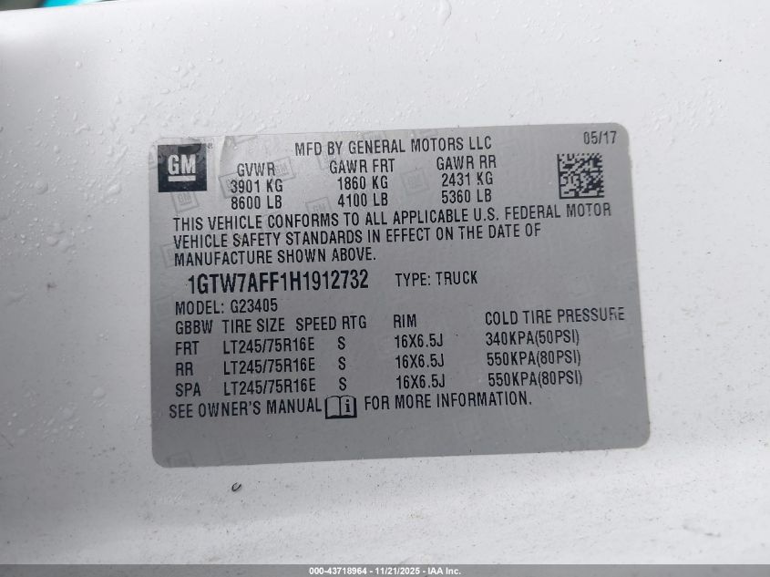 2017 GMC Savana 2500 Work Van VIN: 1GTW7AFF1H1912732 Lot: 43718964