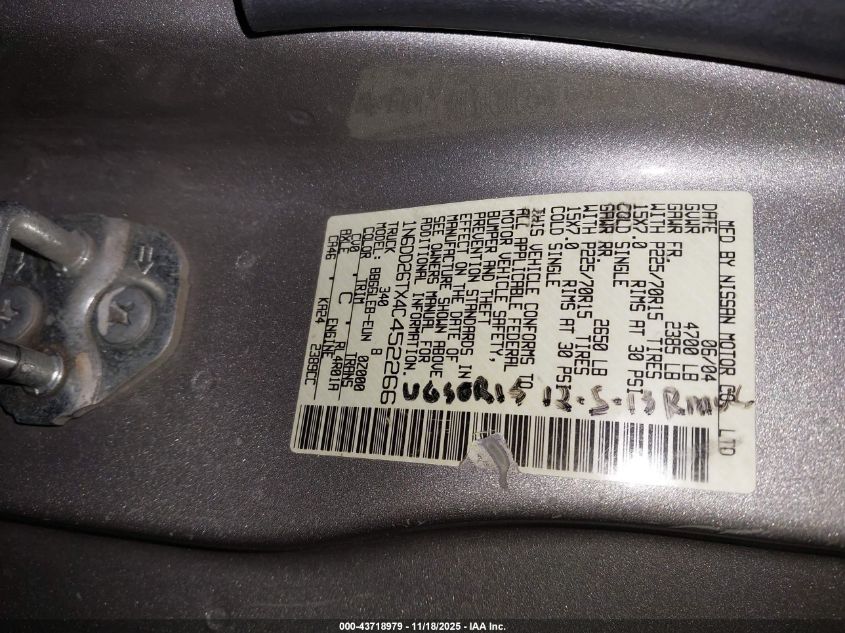 2004 Nissan Frontier Xe VIN: 1N6DD26TX4C452266 Lot: 43718979