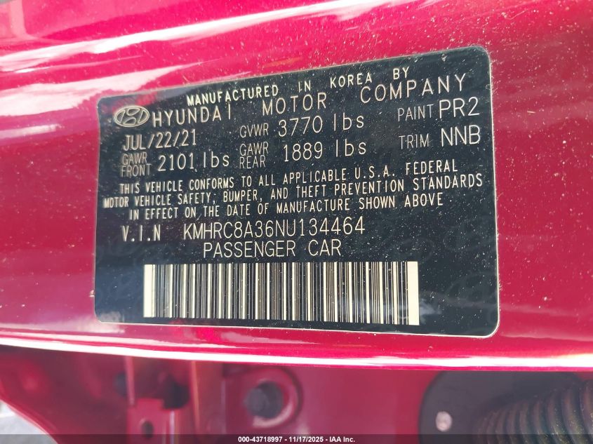 2022 Hyundai Venue Sel VIN: KMHRC8A36NU134464 Lot: 43718997