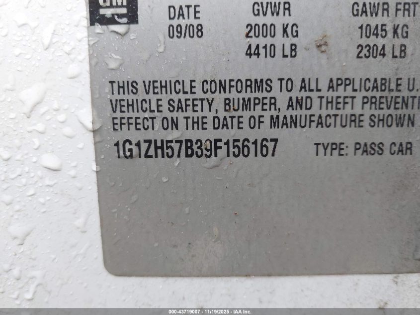 2009 Chevrolet Malibu Lt VIN: 1G1ZH57B39F156167 Lot: 43719007