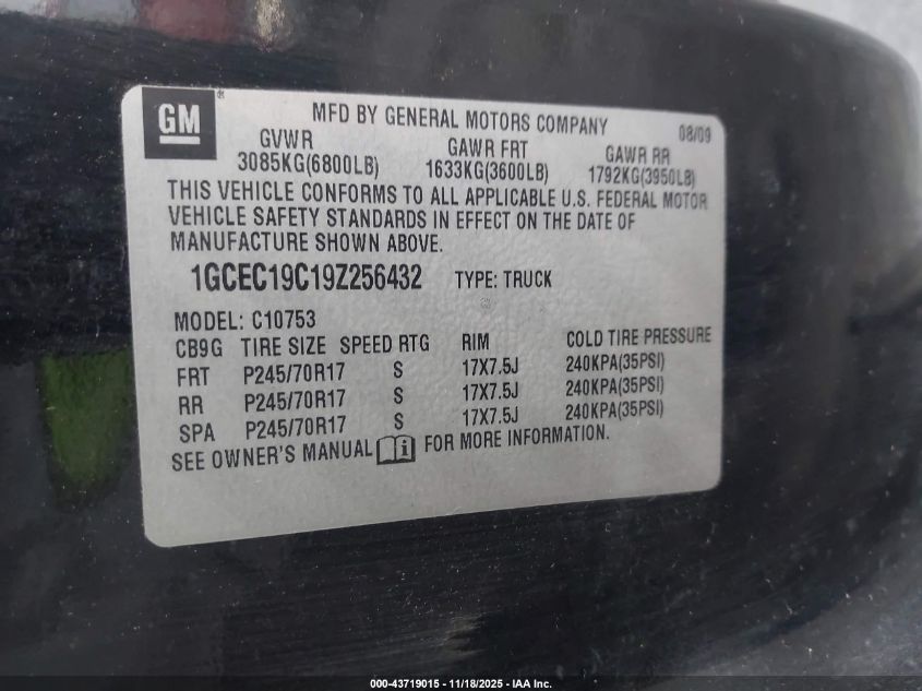 2009 Chevrolet Silverado 1500 Ls VIN: 1GCEC19C19Z256432 Lot: 43719015
