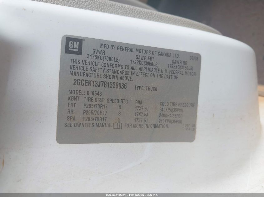 2008 Chevrolet Silverado 1500 Work Truck VIN: 2GCEK13J781338036 Lot: 43719021