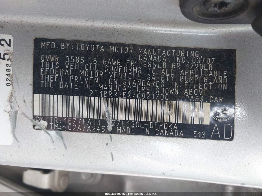 2007 Toyota Corolla Ce VIN: 2T1BR32EX7C821700 Lot: 43719025